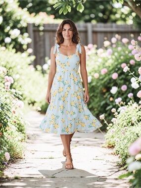 Draper James RSVP Striped Floral Tiered Maxi Dress Light Blue Yellow XS RARE